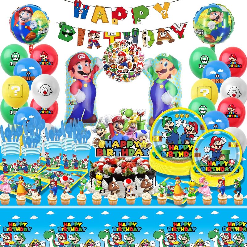 Photo 1 of Mario Birthday Party Supplies, Party Decorations Includes Balloons, Film Balloons, Plates, Cups, Banners, Knives, Forks, Spoons, Napkins, Stickers, Cake Topper, Cupcake Toppers, Tablecloth