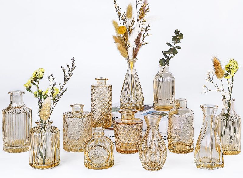 Photo 1 of Glass  Vases Set of 12, Gold Mini Flower Vase for Centerpieces, Small Vases in Bulk for Wedding Decorations, Vintage Vase for Table, Recepetion, Home Décor