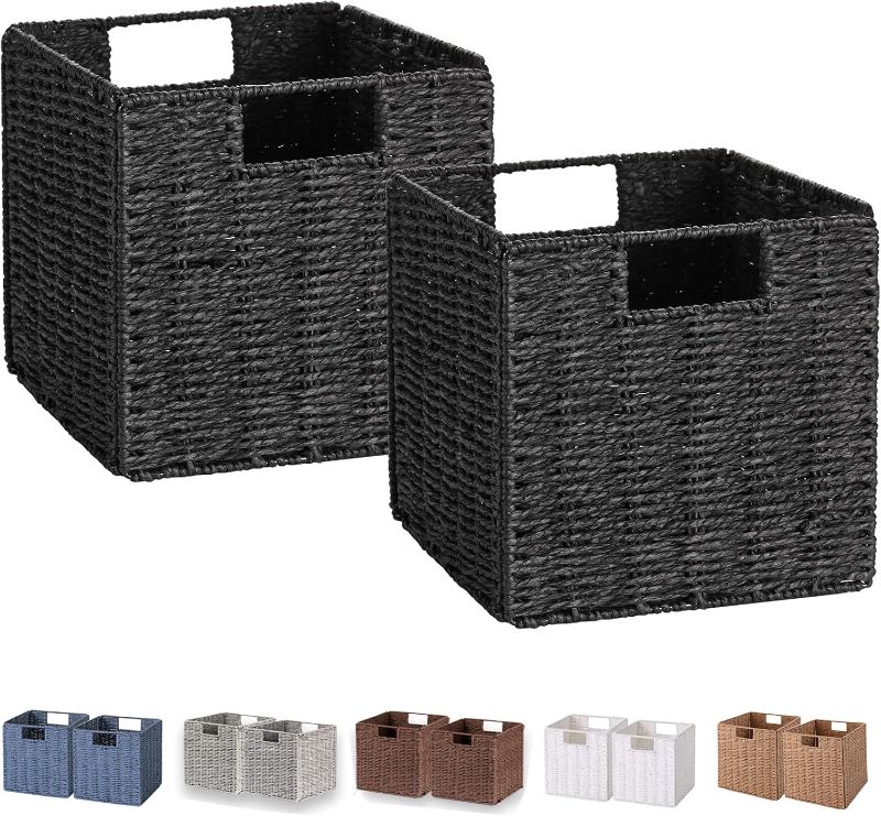 Photo 1 of Vagusicc Wicker Basket, Set of 3 Woven Storage Baskets for Shelves, Foldable Cube Storage Basket Bins with Handles, 9 inch Small Storage Baskets for Organizing Pantry Bedroom, Black