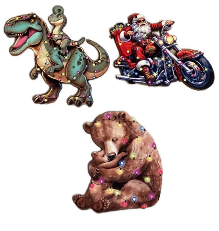 Photo 1 of 3 Pack Christmas Ornaments - Dinosaurs, Cool Santa, & Parent Bear & Cub