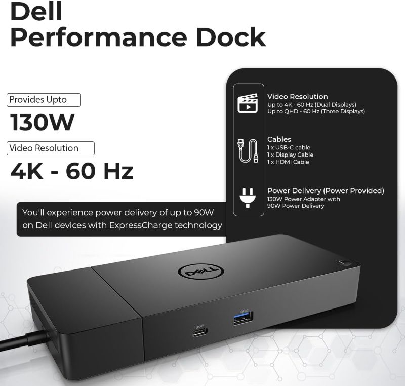 Photo 1 of Dell WD19S Docking Station 130W (90W Power Delivery) - Dell Docking Station Dual Monitor for Laptop with 130W Power