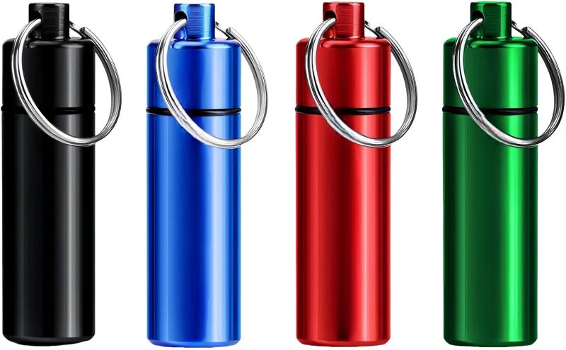 Photo 1 of OMO Small Portable Pill Box Keychain Mountaineering Buckle Metal Mini Pill Organizer Case Container for Purse Waterproof Metal Pill Holder Medicine Bottle for Outdoor Camping Travel (4 Pack)