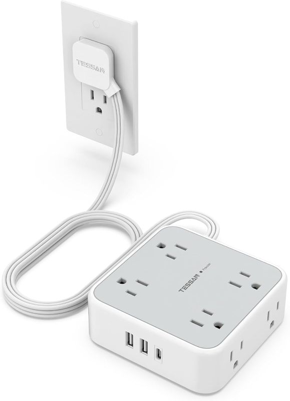 Photo 1 of Surge Protector Flat Extension Cord Flat Plug Power Strip, 8 AC Outlets, 3 USB Charger(1 USB C Port) 3-Sided Outlet Extender, 5 Ft, 900 Joules Protection, Office Supplies, Dorm Room Essentials, Grey