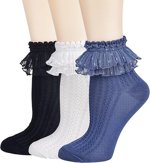 Photo 1 of 5-8 BIVOLU Womens Ankle Socks Lace Ruffle Frilly Cotton Cute Princess Ankle Dress Lace Socks for Girl 3 Pack