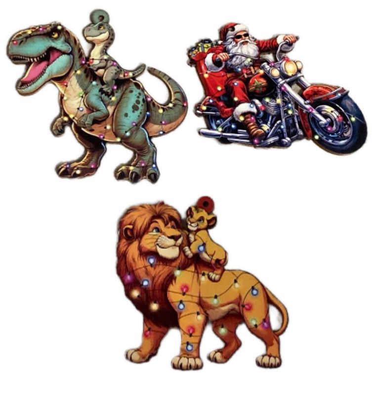 Photo 1 of 3 Pack Christmas Ornaments - Dinosaur, Cool Santa, & Mufasa & Simba 