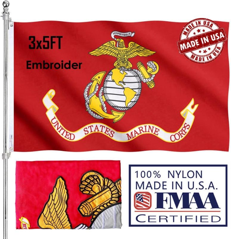 Photo 1 of Double Sided Embroidered United States Marine Corps Flag 3x5 Outdoor Made In USA- Heavy Duty 3Ply Nylon US Marine Corps Flags Banners with White Starting Tape and 2 Brass Grommets