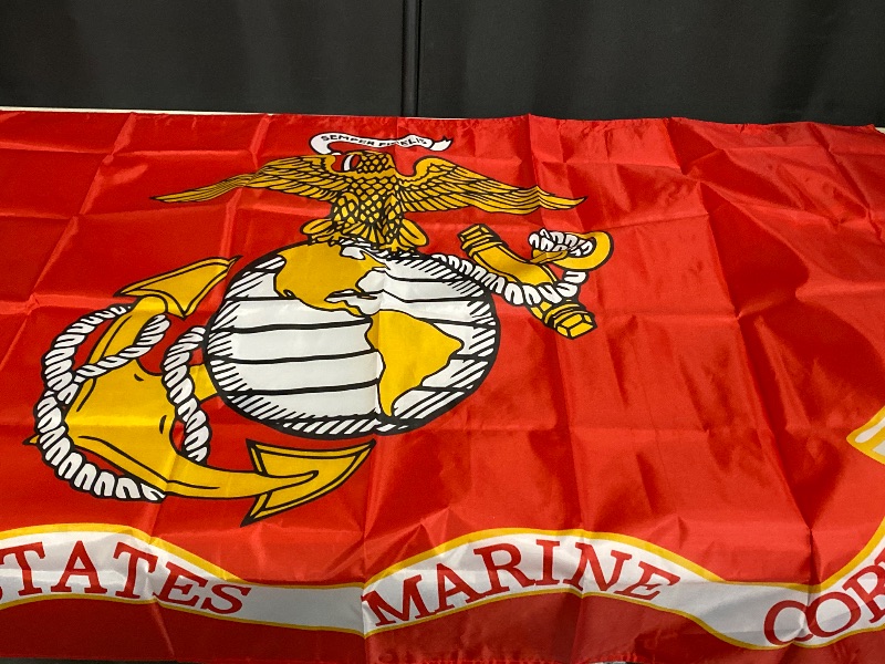 Photo 1 of Double Sided Embroidered United States Marine Corps Flag 3x5 Outdoor Made In USA- Heavy Duty 3Ply Nylon US Marine Corps Flags Banners with White Starting Tape and 2 Brass Grommets