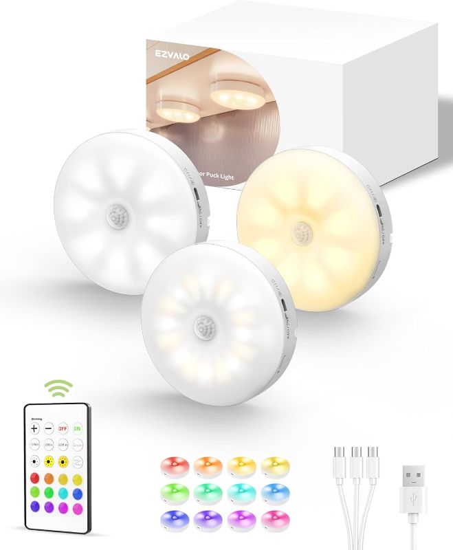Photo 1 of EZVALO Under Cabinet Lighting,1000mAh Rechargeable Puck Lights with Remote,3 Color Temps & 12 RGB Motion Sensor Closet Lights Indoor,Dimmable Under Cabinet Lights for Kitchen,Cabinets,Close