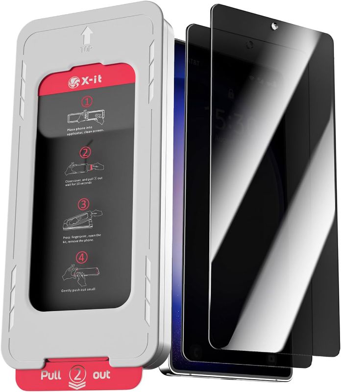 Photo 1 of X-it 2-pack privacy screen protector compatible with Samsung Galaxy S25 Plus, 100% fingerprint unlock, 9H+ tempered glass, automatic dust removal, military-grade protection, bubble-free