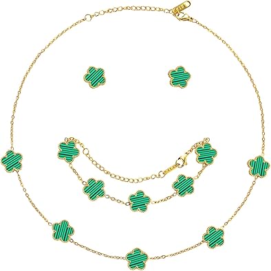 Photo 1 of AmorArtSky Lucky Clover Jewelry Set - 18K Gold Plated Flower Design Five Leaf Bracelet, Necklace Pendant, Earrings for Women - Lucky Gifts for Mom, Wife, Daughter, Friends