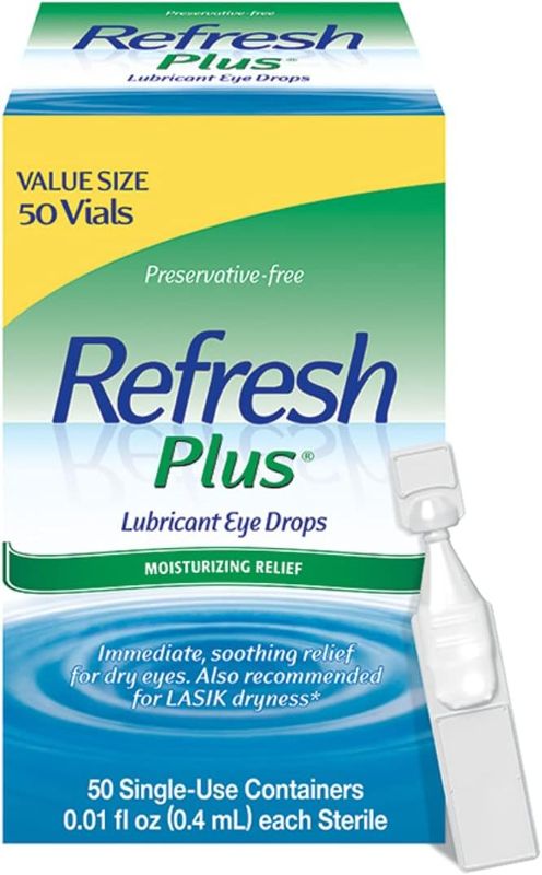 Photo 1 of Refresh Plus Lubricant Eye Drops For Dry Eyes, Preservative-Free, 0.01 Fl Oz Single-Use Containers, 50 Count