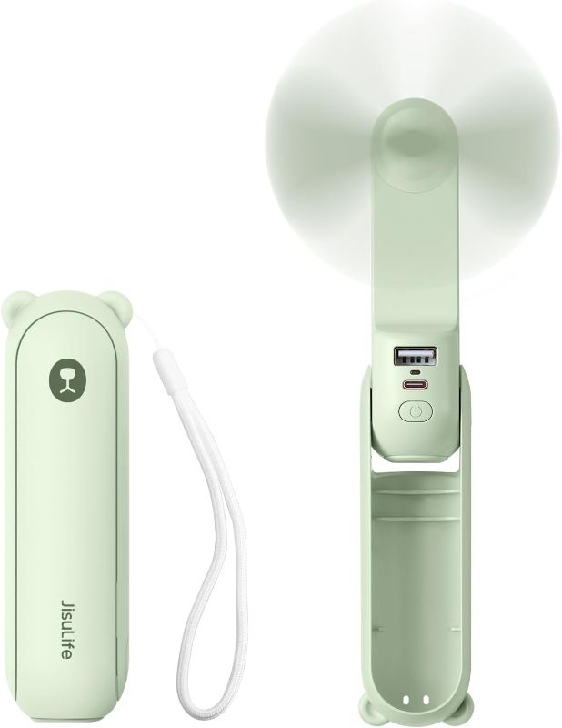 Photo 1 of JISULIFE Handheld Mini Fan, 3 IN 1 USB Rechargeable Portable Fan [12-19 Working Hours] with Power Bank, Flashlight, Pocket Design for Travel/Summer/Concerts/Lash, Gifts for Women (Green)
