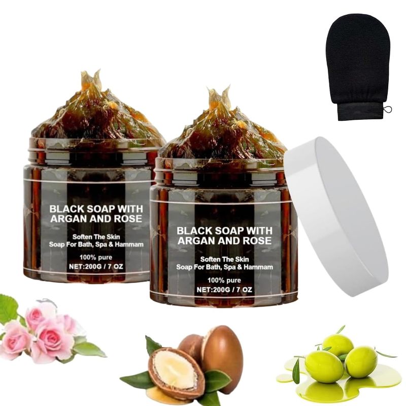Photo 1 of Dragon Honor Morocco Black Soap With Argan And Rose, Zawina Morocco Black Beldi Soap, Zawina Moroccan Black Soap(200g/PCS, 2PCS)