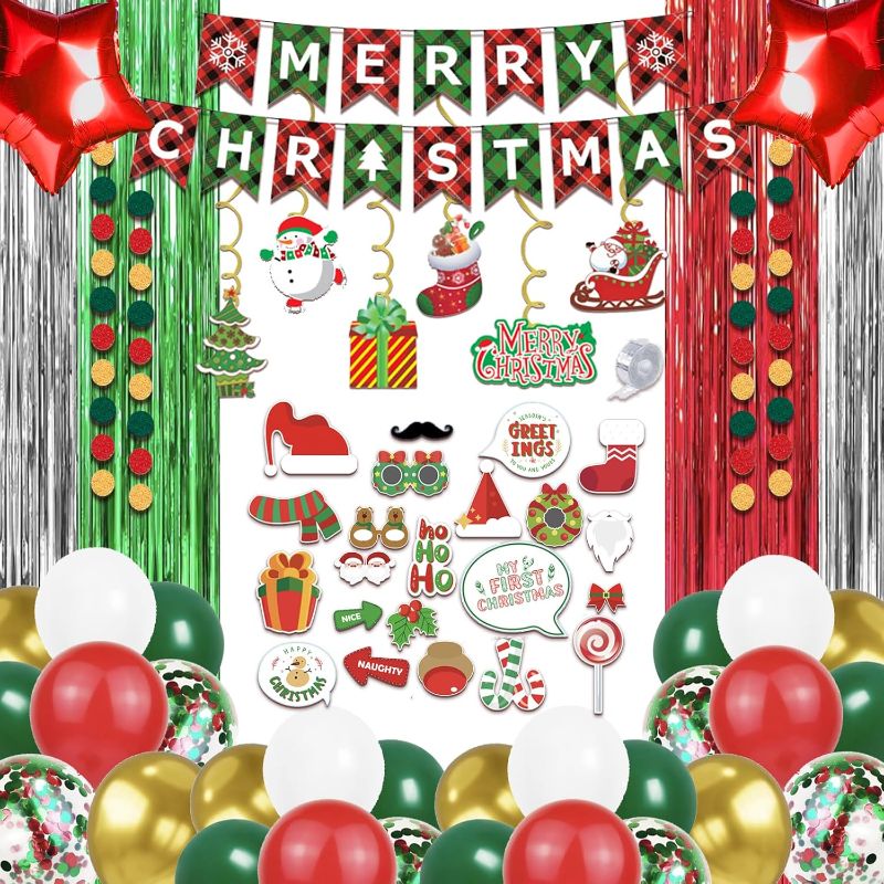 Photo 1 of Christmas Decorations Indoor, Christmas Party Supplies - "MERRY CHRISTMAS" Banner, Photo Prop, Balloon Party Kit, Hanging Swirl, Fringe Curtain