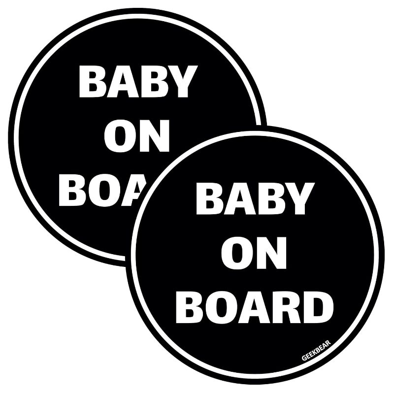 Photo 1 of GEEKBEAR Baby on Board Car Sticker - Colorful, Reflective, Weather-Resistant - Circular 4.7 x 4.7 in (Black - 2 Pack)