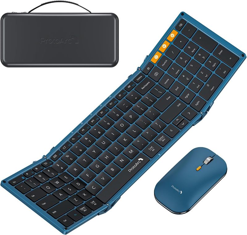 Photo 1 of ProtoArc Foldable Keyboard and Mouse, XKM01 True Full-Size Folding Keyboard Mouse Combo for Business and Travel, 2.4G+Dual Bluetooth Portable Mouse Keyboard for Laptop iPads Tablets - Blue