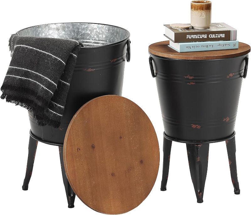 Photo 1 of Rustic Storage Farmhouse Accent Side Table, Antique Galvanized Metal End Coffee Cocktail Table Box Bin with Round Wooden Lid