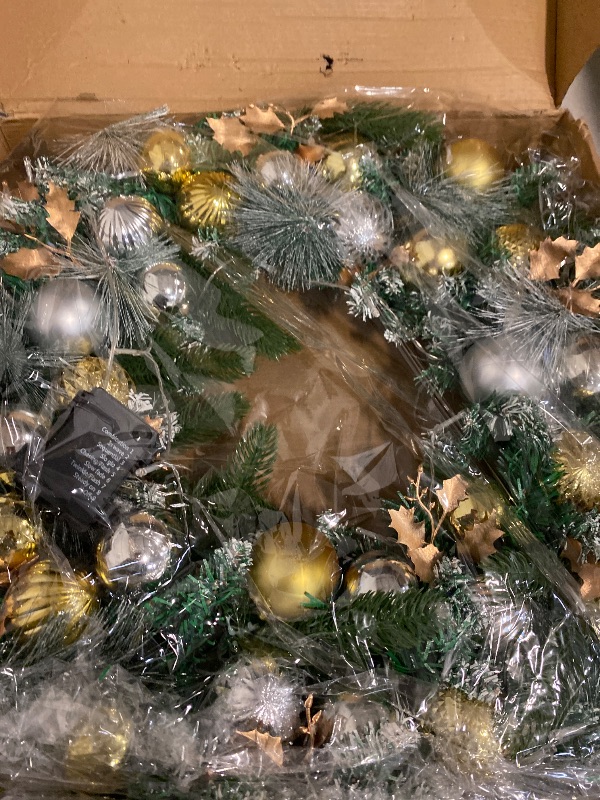Photo 1 of YULETIME 24" Christmas Wreath, Artificial Holiday Wreath with Baubles, Berries, Leaves, Spruce Branches, Snowy Pine Needles (Pink Bauble)