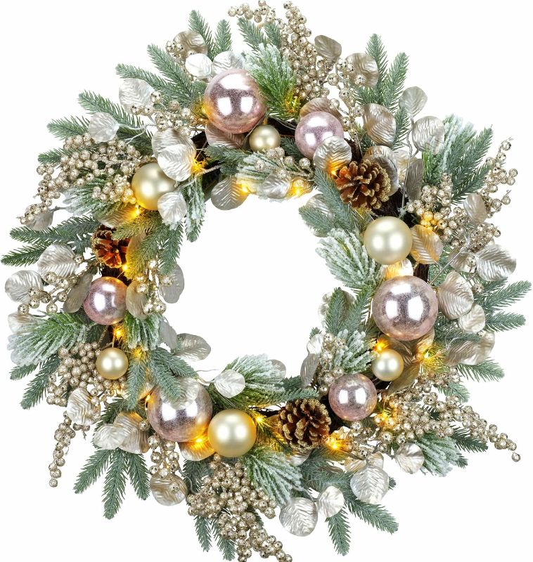 Photo 1 of YULETIME 24" Christmas Wreath, Artificial Holiday Wreath with Baubles, Berries, Leaves, Spruce Branches, Snowy Pine Needles (Pink Bauble)