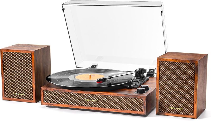 Photo 1 of Vinyl Record Player with External Speakers, 3 Speed Vintage Stereo Turntable for Vinyl Records, Bluetooth Input, Auto Stop & Belt Driven System, RCA Out and Aux in - Brown Wood