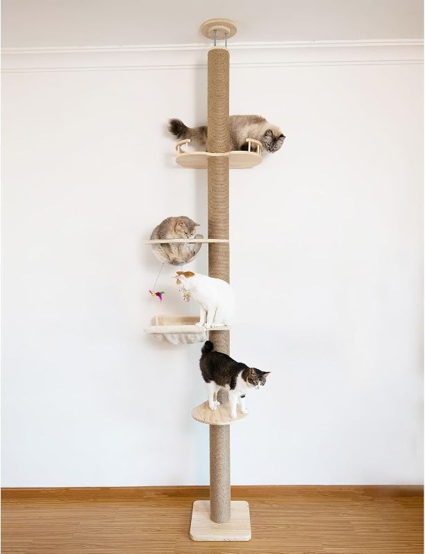 Photo 1 of Cat Tree Floor to Ceiling Natural Sisal Rope Scratching Post Height:55.52-118.5 Inches Adjustable Cat Tree Cat Modern Activity Tree