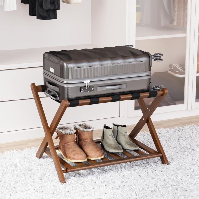 Photo 1 of Fully Assembled Walnut Bamboo Luggage Rack with Shoe Shelf, Folding Suitcase Stand with 5 Heavy-Duty Straps, Large Wooden Luggage Holders for Guest Room, Ideal for Bedroom, Hotel