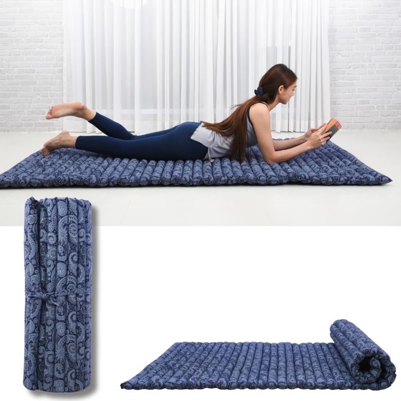 Photo 1 of Leewadee - Kapok Roll Mat – Handcrafted Folding Sleep & Relaxation Mattress from Thailand, Ideal as Guest Bed, Camping Mat, Yoga Mat or Traditional Futon, 75 x 39 inches, Blue White