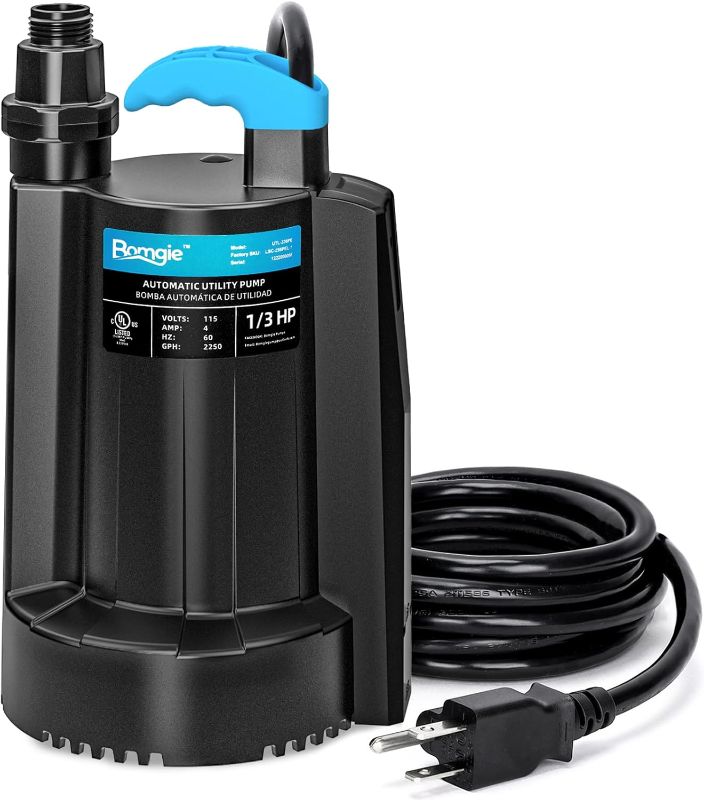 Photo 1 of 1/3 HP Automatic Water Pump, 2250GPH Submersible Utility Pump with 3/4” Garden Hose Check Valve Adapter Portable Electric Sump Pump Removal for Pool Draining Basement Hot Tubs Garden UTL-336PE