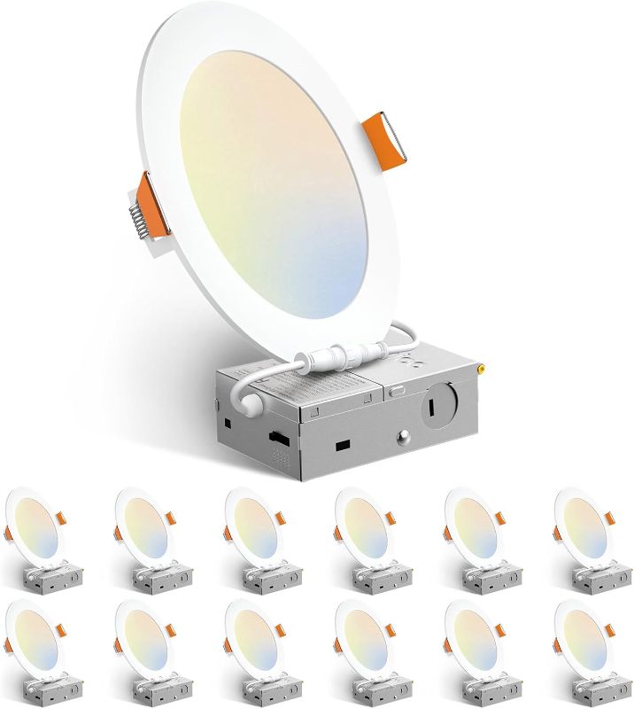 Photo 1 of Amico 12 Pack 6 Inch 5CCT Ultra-Thin LED Recessed Ceiling Light with Junction Box, 1050LM Brightness, Dimmable Canless Wafer Downlight, 12W, ETL&FCC