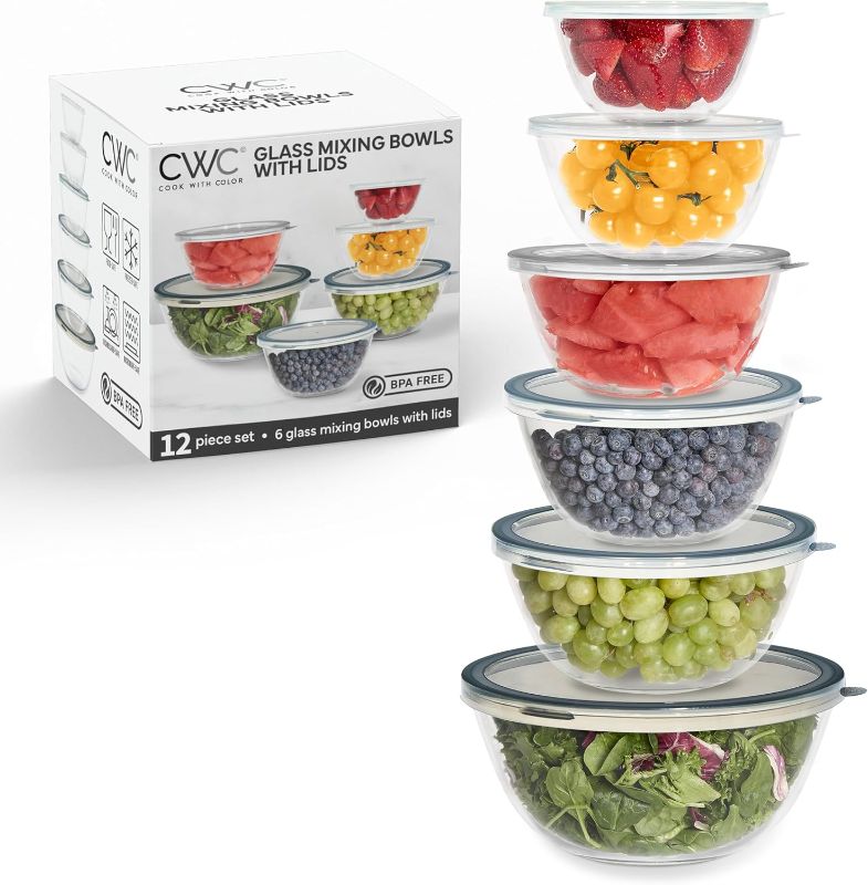 Photo 1 of COOK WITH COLOR 12 Pc Glass Mixing Bowl Set with Lids – Borosilicate Glass Nesting Bowls for Cooking, Baking and Meal Prep, Gray