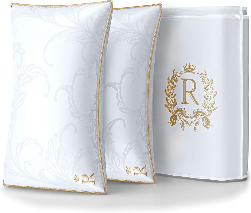 Photo 1 of Royal Therapy Pillows Queen Size Set of 2 - Pillows, Side Sleeper Pillow - Adjustable Alternative Down Pillow, Bed Pillows, Sophisticated Design & Gold Piping