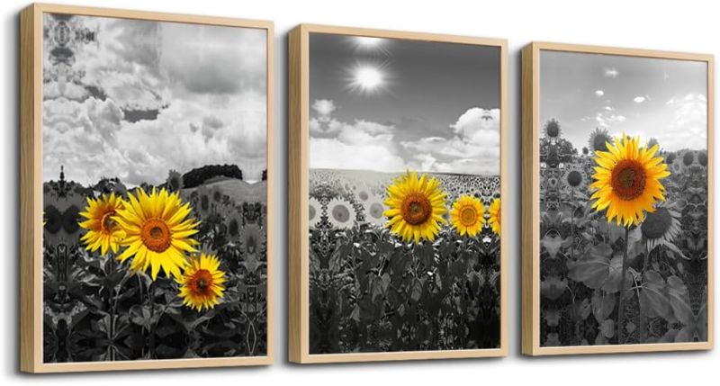 Photo 1 of hyidecorart Natural Framed Wall Art For Living Room Large Wall Decor For Kitchen Sunflower Flowers Wall Paintings Black And White Wall Pictures Artwork Bedroom Room Decor Set of 3 Piece Prints Art