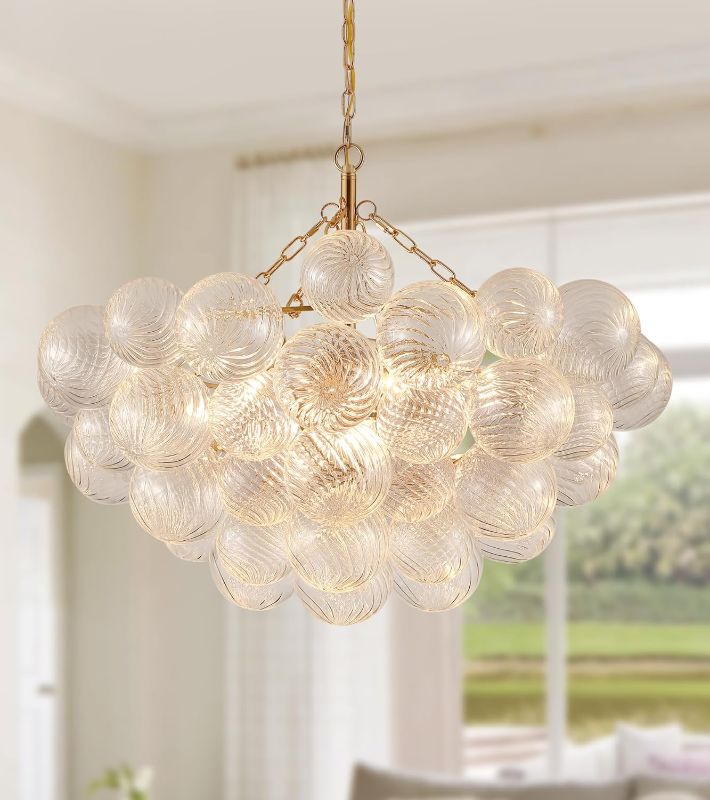 Photo 1 of Modern Glass Chandelier,9 Light Nordic Bubble Ball Swirled Glass Globe Gold Large Pendant Light Fixtures for Foyer Bedroom Dining Room Living Room Kitchen Entryway D31.1 in UL Listed