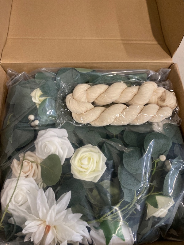 Photo 1 of Floroom 6ft Artificial Eucalyptus Garland with Flowers Fake Greenery Faux Floral Vine Garland for Table Decor Wedding Centerpieces Bridal Shower Party Decorations, Ivory White