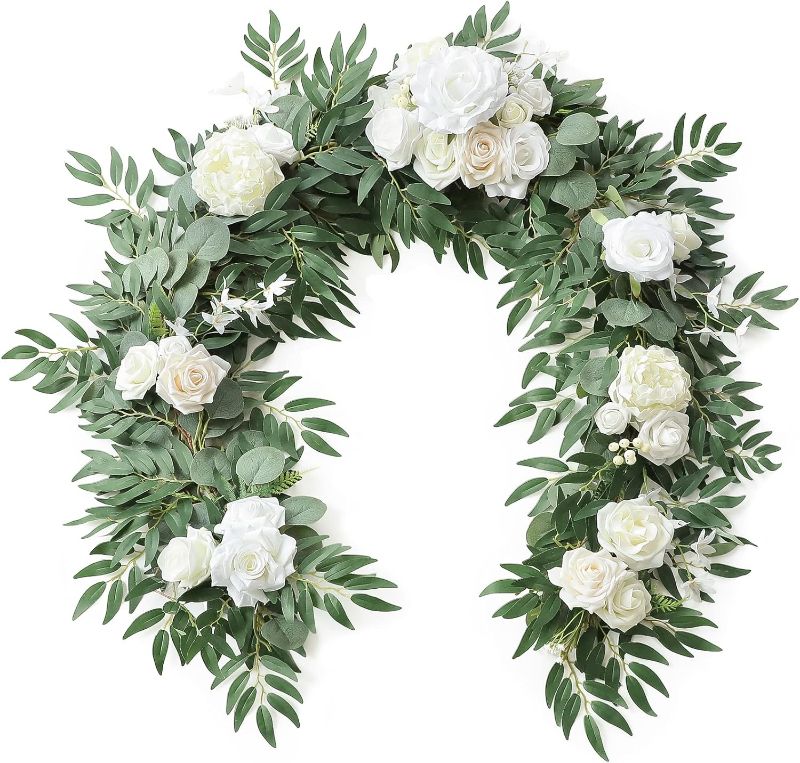 Photo 1 of Floroom 6ft Artificial Eucalyptus Garland with Flowers Fake Greenery Faux Floral Vine Garland for Table Decor Wedding Centerpieces Bridal Shower Party Decorations, Ivory White