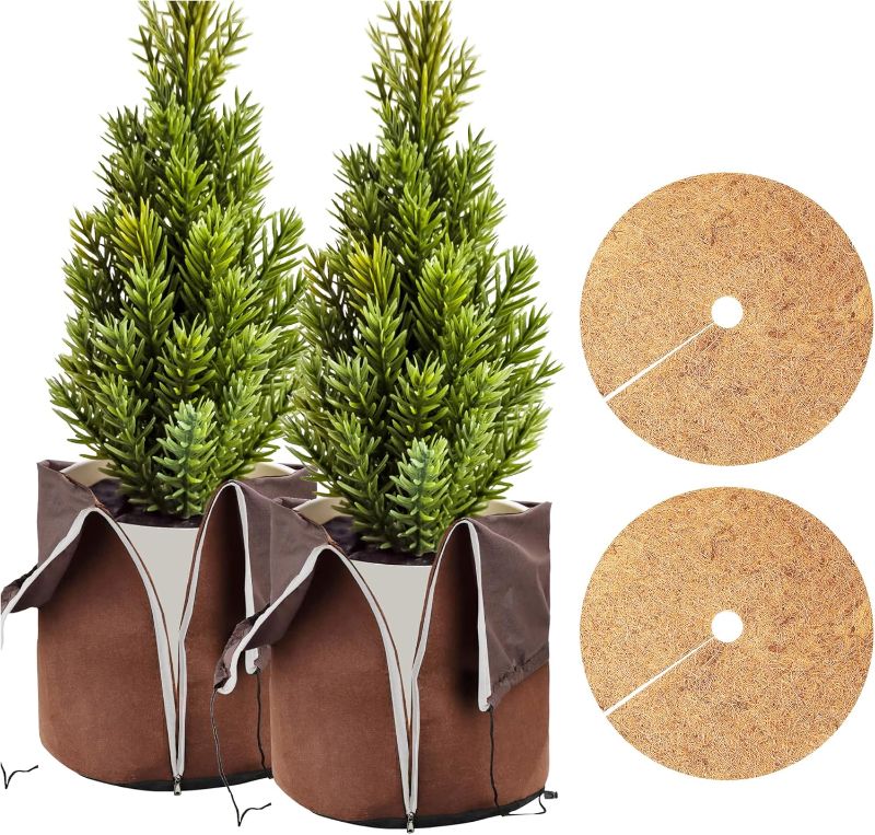 Photo 1 of 2Pcs Plant Pot Protection Cover for Winter - Flower Pot Protection Bag, Thermal Pot Protector with Coir mat for Outdoor Potted Plants Flowers Shrubs Trees Keep Warm (Dia 17.7 inch x 25.6 inch H)