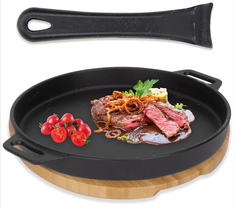 Photo 1 of 10 inch Round Cast Iron Skillet with Removable Handle for Pizza Oven and BBQ Accessories, Sizzler Pan Pizza Pan with Wooden Base for Outdoor, Oven Safe Skillet, Kitchen Saute Fry Pan for Stove Top