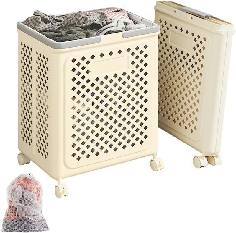 Photo 1 of Plastic Laundry baskets,Folding Laundry Basket with Wheels,46L Laundry Basket on Wheels and Handles,Rolling Laundry Hamper With Laundry Bag,It is Easy to Move for Bathroom, Dorm,Laundry Room,Beige