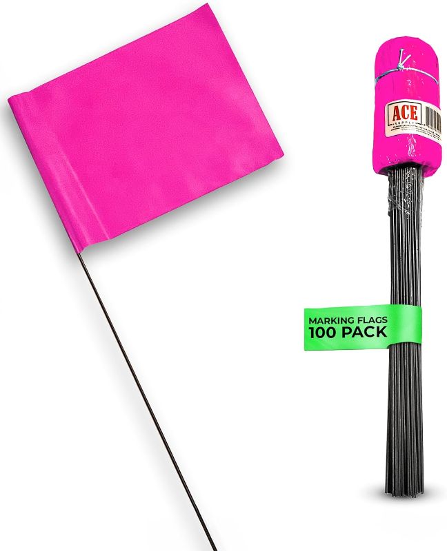 Photo 1 of ACE Supply Fluorescent Pink Marking Flags, 100 Pack - 4x5-Inch Marker Flags - 15-Inch Wire - for Lawn, Irrigation, Dog Training, Landscape, Survey