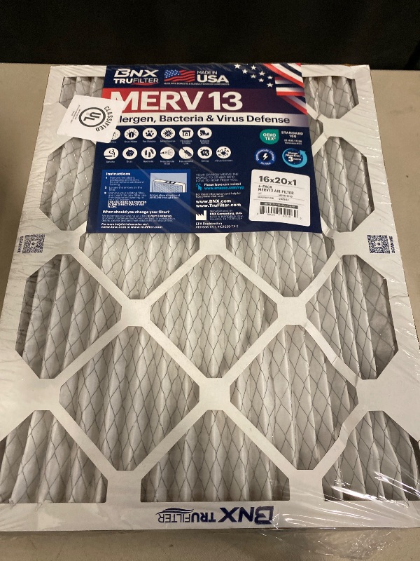 Photo 1 of BNX TruFilter 16x20x1 Air Filter MERV 13 (6-Pack) - MADE IN USA - Electrostatic Pleated Air Conditioner HVAC AC Furnace Filters for Allergies, Pollen, Mold, Bacteria, Smoke, Allergen, MPR 1900 FPR 10