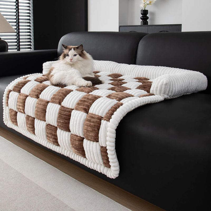 Photo 1 of TOPCHANCES Dog Couch Cover,Thickened Quilted Plaid Funny Fuzzy Pet Couch Covers for Sofa,Washable Non Slip Pet Mat Sofa Dog Cover Protector for Large Dogs(Dark Brown,30x30inch)
