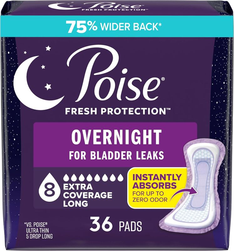 Photo 1 of Poise Overnight Incontinence & Postpartum Pads for Bladder Leaks, 8 Drop Extra Coverage, 36 Count