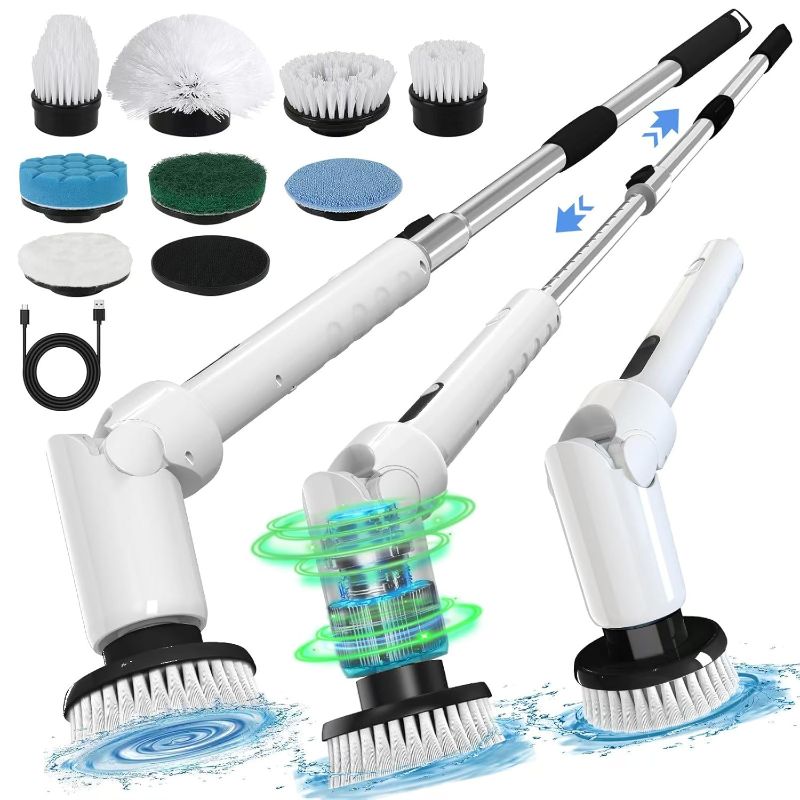 Photo 1 of Electric Spin Scrubber - Cordless Cleaning Brush with Digital Display, 2 Speeds, 8 Brush Heads, IPX7 Waterproof, Adjustable Long Handle for Bathroom, Tub, Tile, Shower, and Car