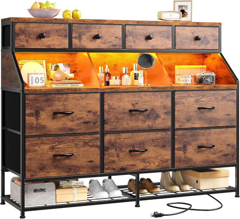 Photo 1 of Dresser for Bedroom with 9 Drawers & Shoe Rack Fabric Dressers & Chests of Drawers with LED Lights and Power Outlets Bedroom Dresser for Entryway, Halfway, Closet (Rustic Brown)