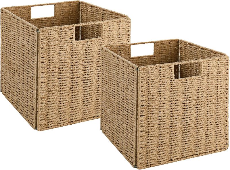 Photo 1 of Vagusicc Wicker Baskets, Set of 2 Hand-Woven Storage Baskets for Shelves with Handles, Foldable Cube Wicker Storage Basket Bins Organizer 13 Inches Large Woven Baskets for Storage Organizing & Decor