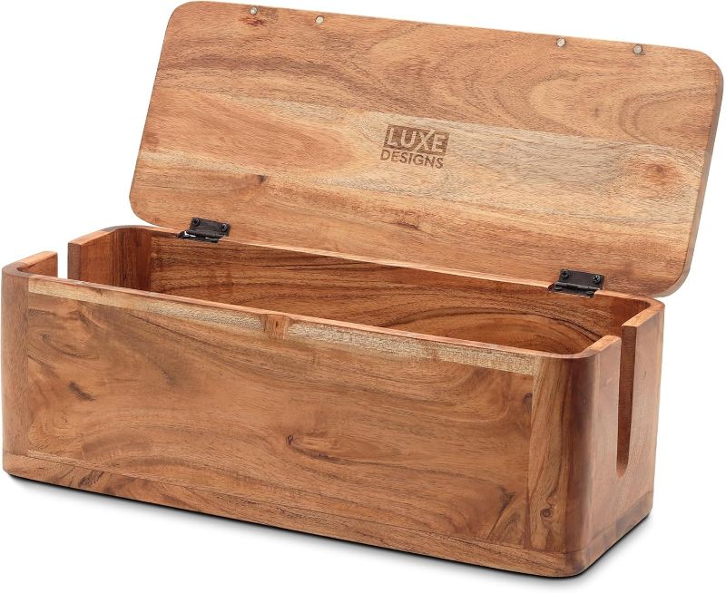 Photo 1 of Large Cable Management Box - Acacia Wood - Cable Organizer Box and Power Strip Box for Electrical Cord Management - Hide Desk Cord and Floor Cables - Wire Storage and Organization for Cords