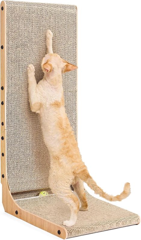 Photo 1 of EHEYCIGA Cardboard Cat Scratcher for Indoor Cats, 32 Inch L Shaped Vertical Cat Scratching Board with Ball Cat Toy, Extra Large Cat Scratcher Pad, Brown