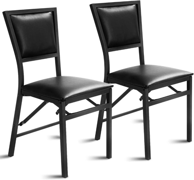 Photo 1 of Giantex Folding Chairs Set of 2, Dining Chairs with Padded Seats, Sturdy Metal Frame, Floor Protectors, Space Saving Design, Foldable Dining Desk Chairs for Small Apartment, Extra Guests, Black