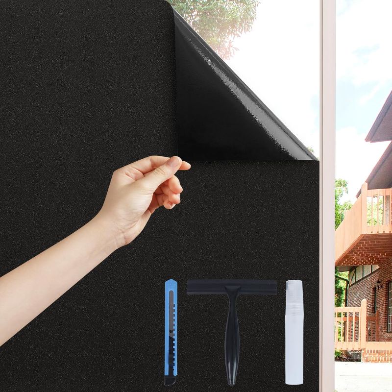 Photo 1 of Volcanics Blackout Window Film with Installation Tools, Privacy Frosted Sun Blocking Black Window Cover Room Darkening Window Tint for Home Static Cling 100% Light Blocking 35.4 x 78.7 Inches