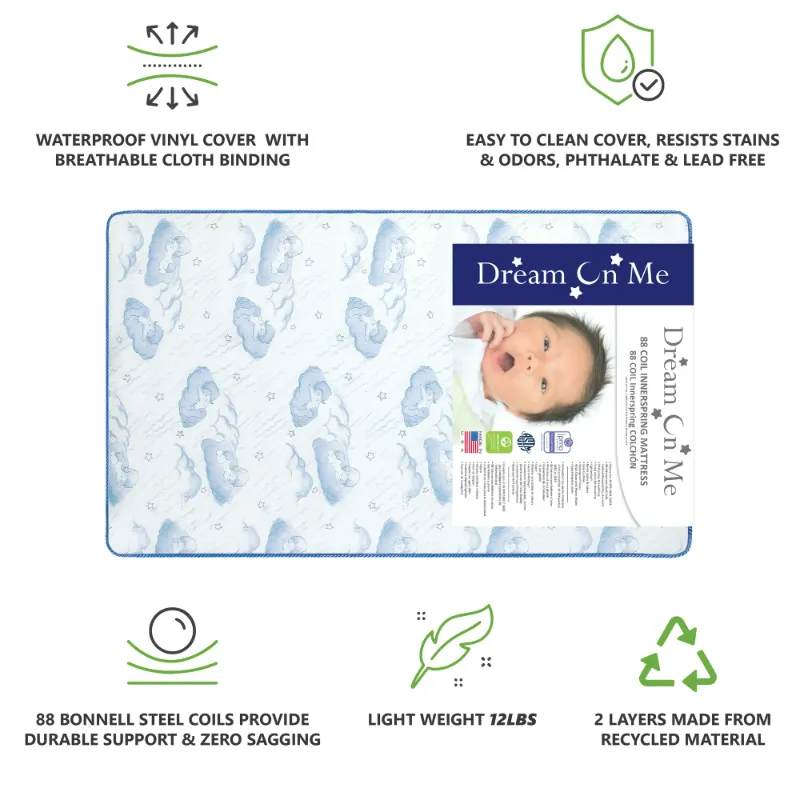 Photo 1 of Dream on Me Twinkle 5" 88 Coil Crib & Toddler Mattress, Blue Clouds, Greenguard Gold Certified